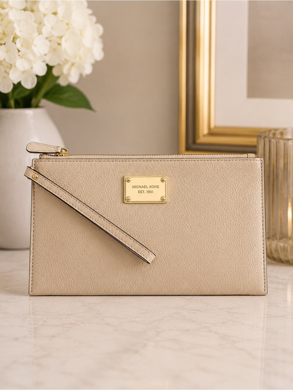 Michael Kors Tan Leather Wristlet Clutch with Gold garden